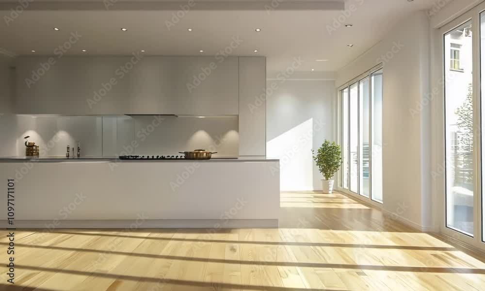 An interior rendering of a bright kitchen. The kitchen has an empty wall. Accessories for the catalog are shown