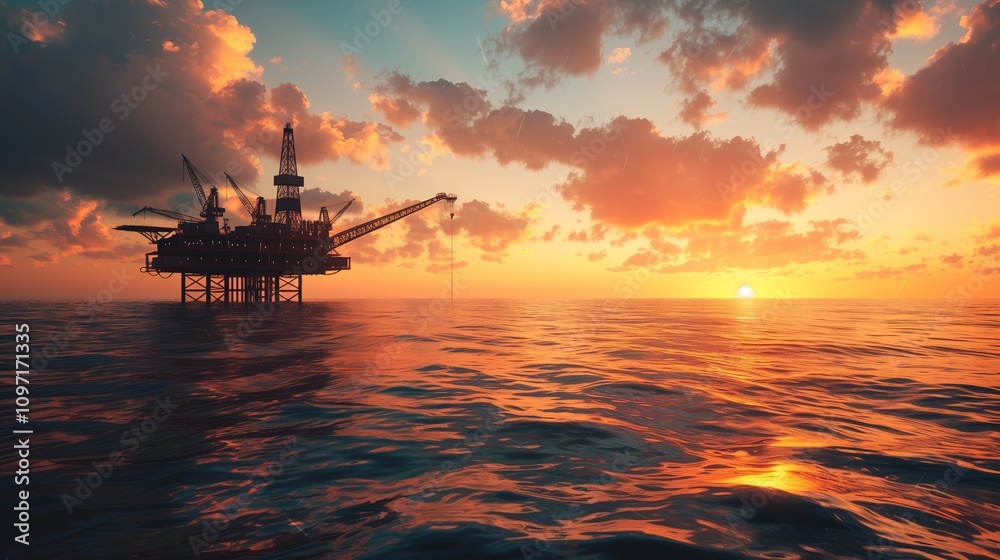 Offshore Oil Rig at Sunset with Vibrant Clouds and Ocean View Offshore Oil Rig at Sunset with Vibrant Clouds and Ocean View