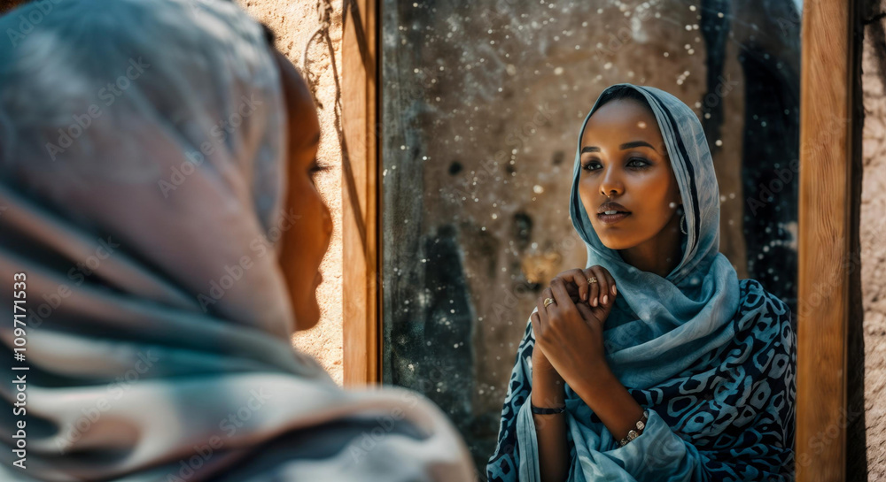 Naklejka premium Reflective moment: woman in traditional clothing gazes into mirror