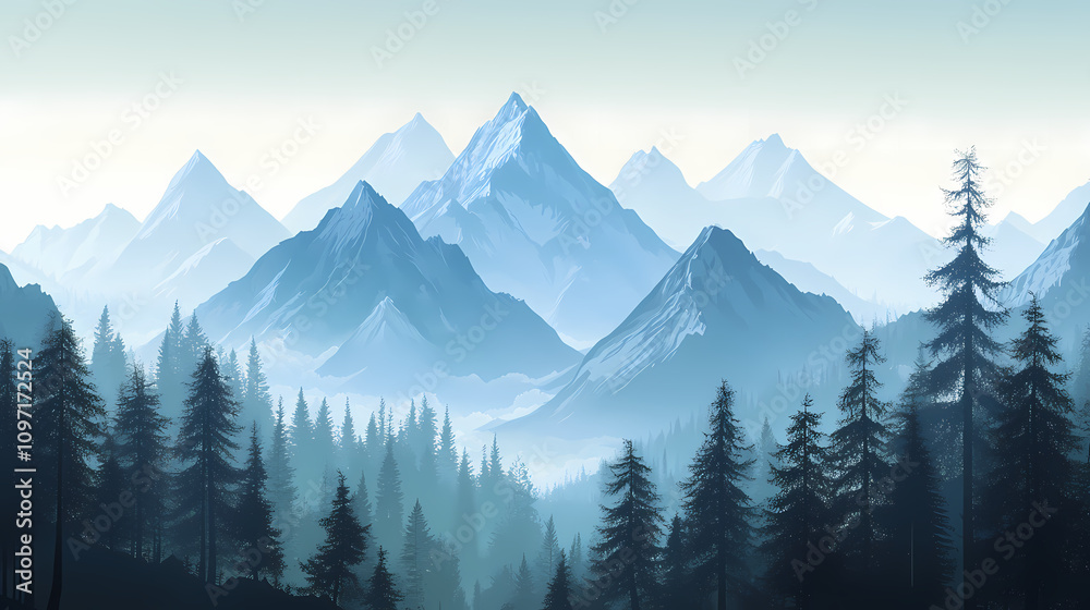 Obraz premium Misty mountain peaks with forested slopes. generative ai image. Pristine Alpine Peaks. Illustration