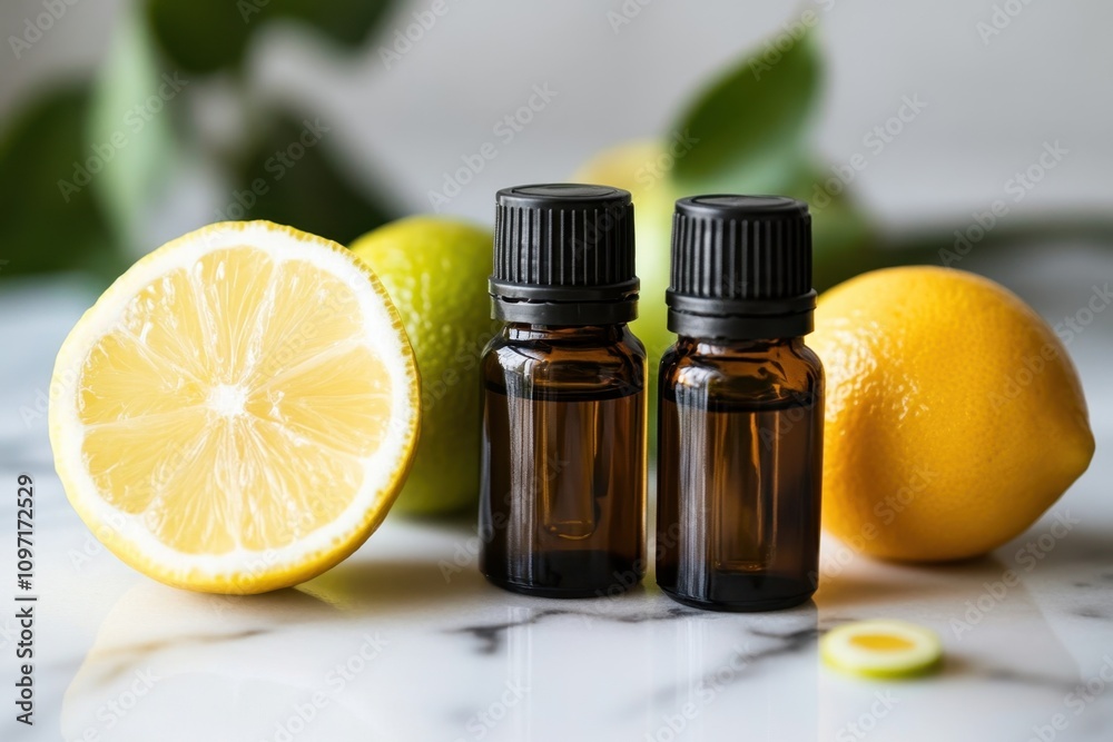 Essential oils and fresh citrus fruits displayed on a marble surface for natural wellness Essential oils and fresh citrus fruits displayed on a marble surface for natural wellness