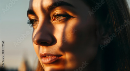 Golden hour portrait: captivating woman in sunset light with shadows