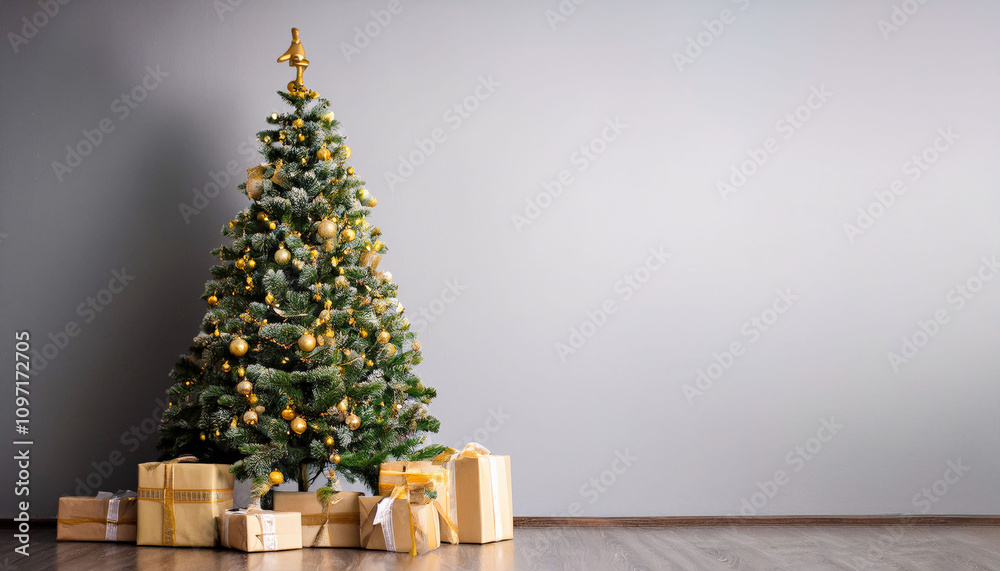 An elegant background featuring a minimalist Christmas tree adorned with subtle golden details. The luxurious Christmas atmosphere with space for wishes creates the perfect setting for greeting cards 