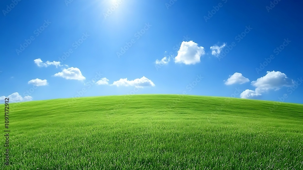 Obraz premium A serene landscape featuring a vibrant green hill under a clear blue sky with fluffy clouds.