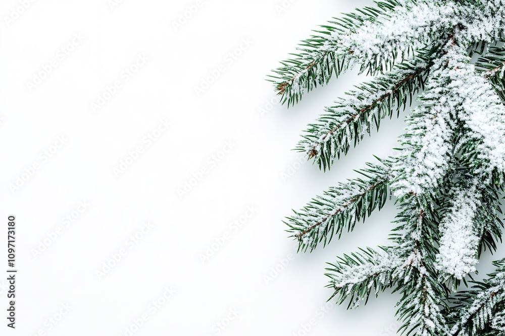 Snow-covered fir branches on white background with space Snow-covered fir branches on white background with space