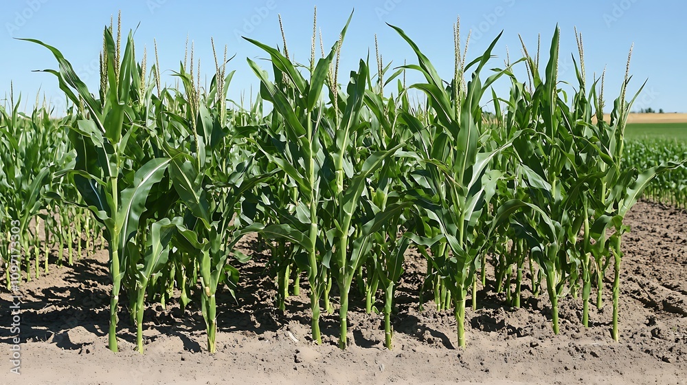 Naklejka premium A field of healthy corn plants growing under a clear blue sky.