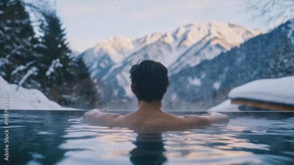 A man relaxes in a hot tub with a stunning view of snow capped mountains in the distance. A man relaxes in a hot tub with a stunning view of snow capped mountains in the distance.