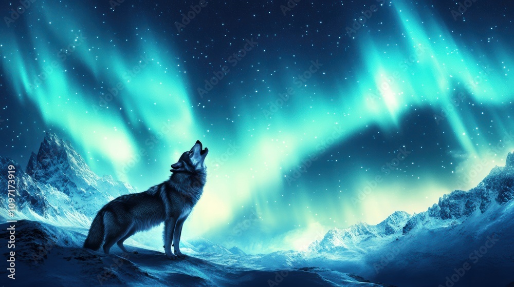A lone wolf howls under the aurora borealis in a snowy mountain landscape at night A lone wolf howls under the aurora borealis in a snowy mountain landscape at night