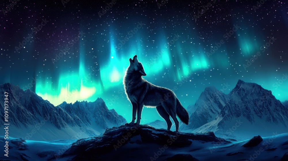 A lone wolf stands majestically under the northern lights in a winter landscape at night A lone wolf stands majestically under the northern lights in a winter landscape at night
