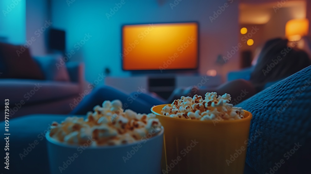 A cozy living room scene with popcorn and a TV, perfect for movie night. A cozy living room scene with popcorn and a TV, perfect for movie night.
