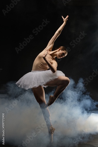Dancer performing an elegant ballet pose amidst dramatic smoke effects