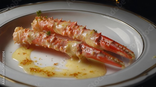 grilled king crab legs with a lemon beurre blanc sauce and a hint of saffron, served on a fine china dish photo