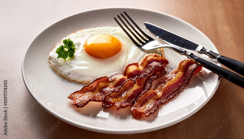 Breakfast with bacon and egg with whole wheat breat and jam; a hearty American breakfast with bacon, egg and 2 slices of bread; breakfast photography; top angle view; sunny side up egg; crispy bacon Breakfast with bacon and egg with whole wheat breat and jam; a hearty American breakfast with bacon, egg and 2 slices of bread; breakfast photography; top angle view; sunny side up egg; crispy bacon