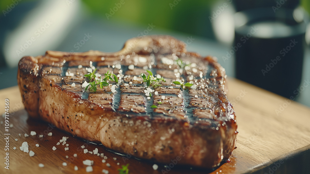 Close Up of Dry Aged T Bone Steak on Wooden Board