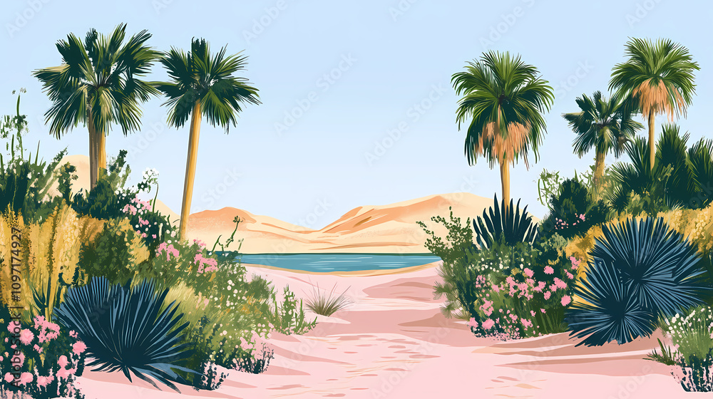 Fototapeta premium Sand dunes in park. Desert Mirage Oasis. Illustration