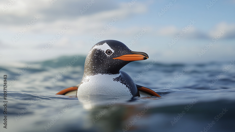 Fototapeta premium Gentoo penguin peacefully swimming in the ocean with serene waves in the background