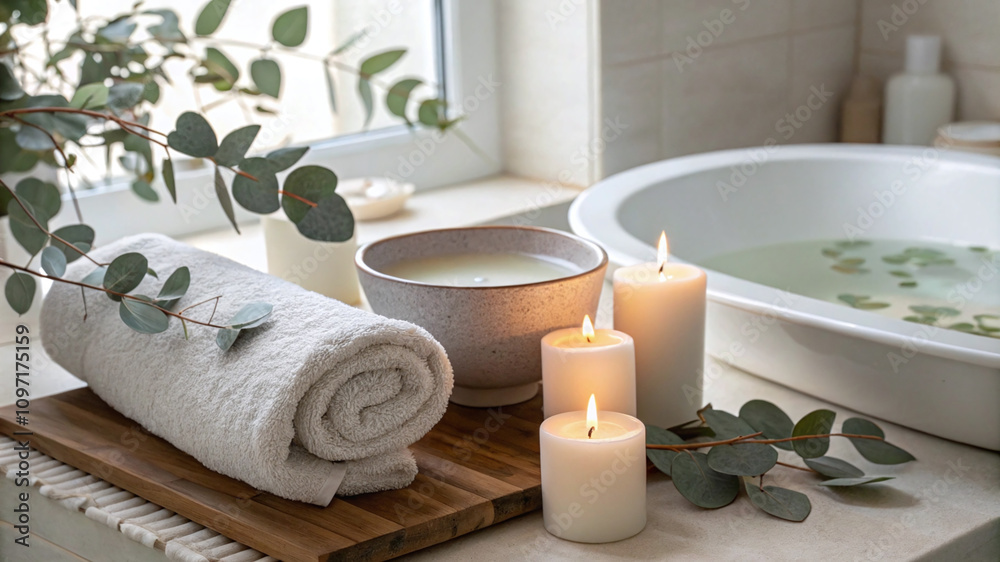 Serene SPA Bathroom Self-Care Scene of Candles, Towel, Eucalyptus Branches, Wellness Serene SPA Bathroom Self-Care Scene of Candles, Towel, Eucalyptus Branches, Wellness