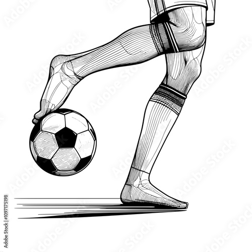 Minimalist wireframe design of a soccer player's leg balancing a soccer ball