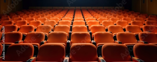 Empty orange theater seats auditorium. Rows of chairs ready for show event. Concert hall cinema venue. Presentation lecture. Ambience theme music. Perfect for entertainment program. photo