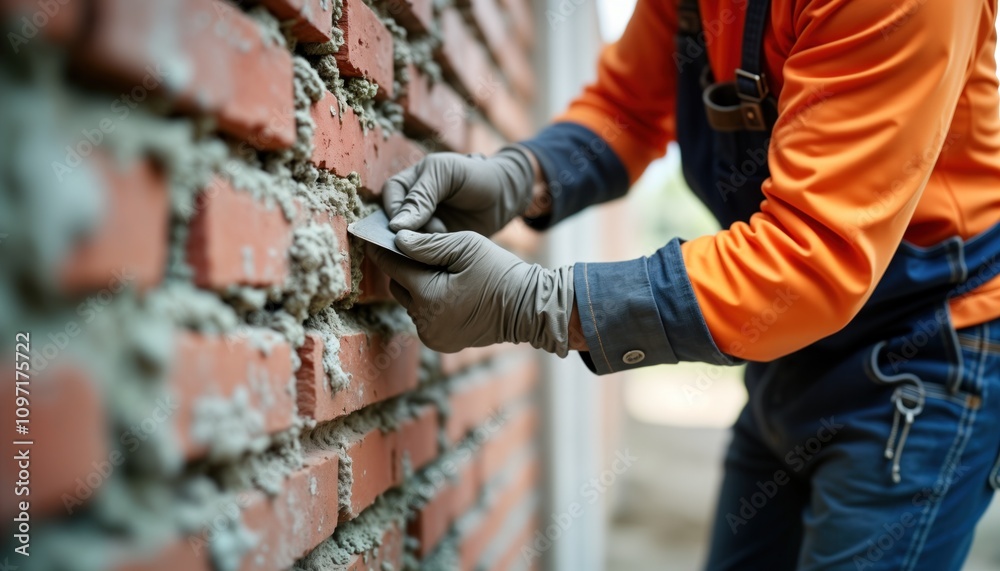 Builder uses trowel applying mortar to brick wall. Construction worker works on masonry. Close-up view of hands in gloves. Bricklaying job at building site. Man doing repair work. Builder uses trowel applying mortar to brick wall. Construction worker works on masonry. Close-up view of hands in gloves. Bricklaying job at building site. Man doing repair work.