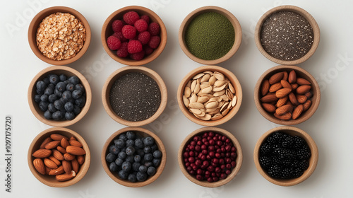 Vibrant Selection of Superfoods in Wooden Bowls