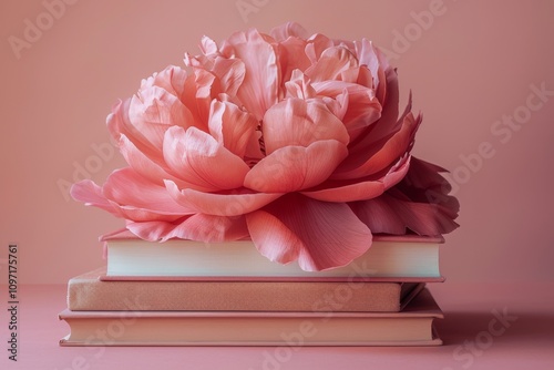 A large, vibrant pink peony flower gracefully rests on a stack of books, embodying elegance and beauty with a blush pink background.