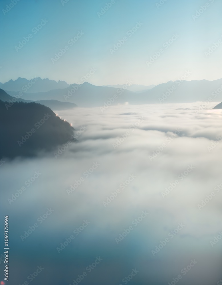Obraz premium Mountains peak above thick fog sea. Sunrise light illuminates cloudscape. Misty morning view. Nature landscape. Calm serene scene. Perfect for travel poster brochure website banner. Ideal for