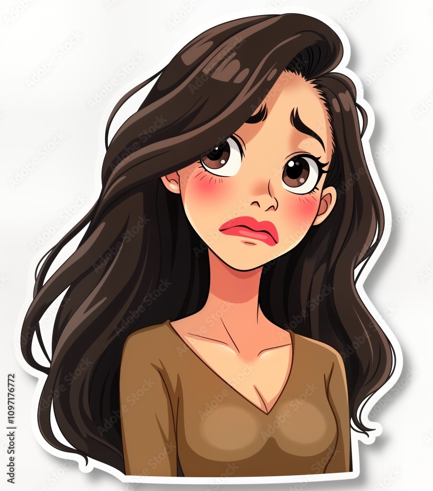 Sad woman cartoon portrait. Girl with brown hair looks upset. Female face cut out element. Abstract art style. Retro collage design. Adult woman illustration. Perfect for advertisement Sad woman cartoon portrait. Girl with brown hair looks upset. Female face cut out element. Abstract art style. Retro collage design. Adult woman illustration. Perfect for advertisement