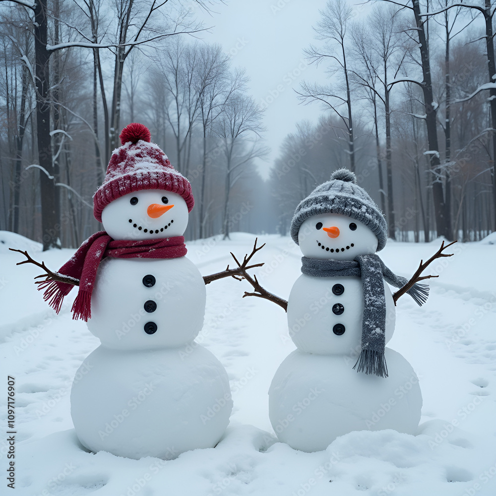 Charming scene with two snowmen wearing hats and scarves in a snowy forest Charming scene with two snowmen wearing hats and scarves in a snowy forest