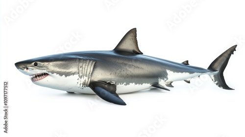 A Great White Shark with a large, powerful body and sharp teeth, isolated on a white background.