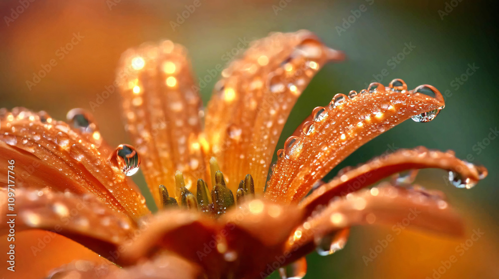 Macro shot of water droplets on the vivid petals of an orange blossom, shining in the sunlight Macro shot of water droplets on the vivid petals of an orange blossom, shining in the sunlight