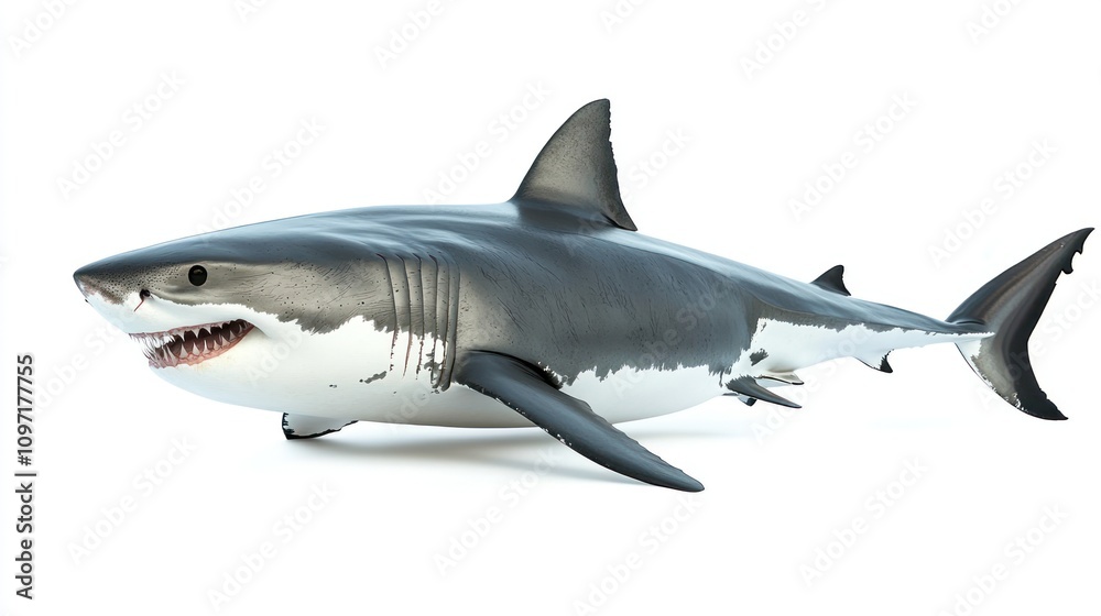 A Great White Shark with open mouth and sharp teeth swimming in water with white background. A Great White Shark with open mouth and sharp teeth swimming in water with white background.