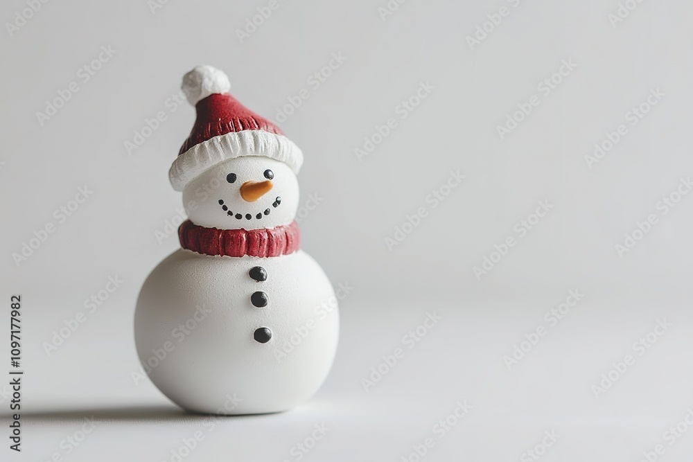 Minimalist snowman figure with red scarf and hat on white Minimalist snowman figure with red scarf and hat on white