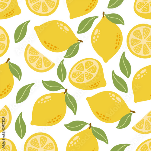 Lemon seamless pattern with slice and leaves. Hand drawn cartoon summer fruit illustration