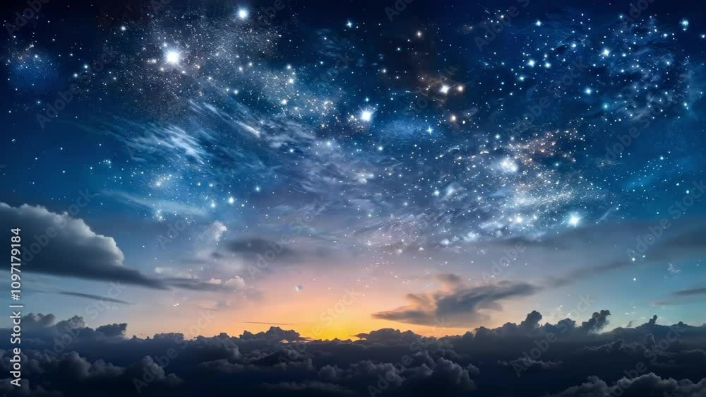 A stunning night sky filled with stars, clouds, and a beautiful gradient from blue to orange at the horizon. A stunning night sky filled with stars, clouds, and a beautiful gradient from blue to orange at the horizon.