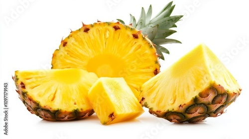 Fresh pineapple slices and chunks on white background