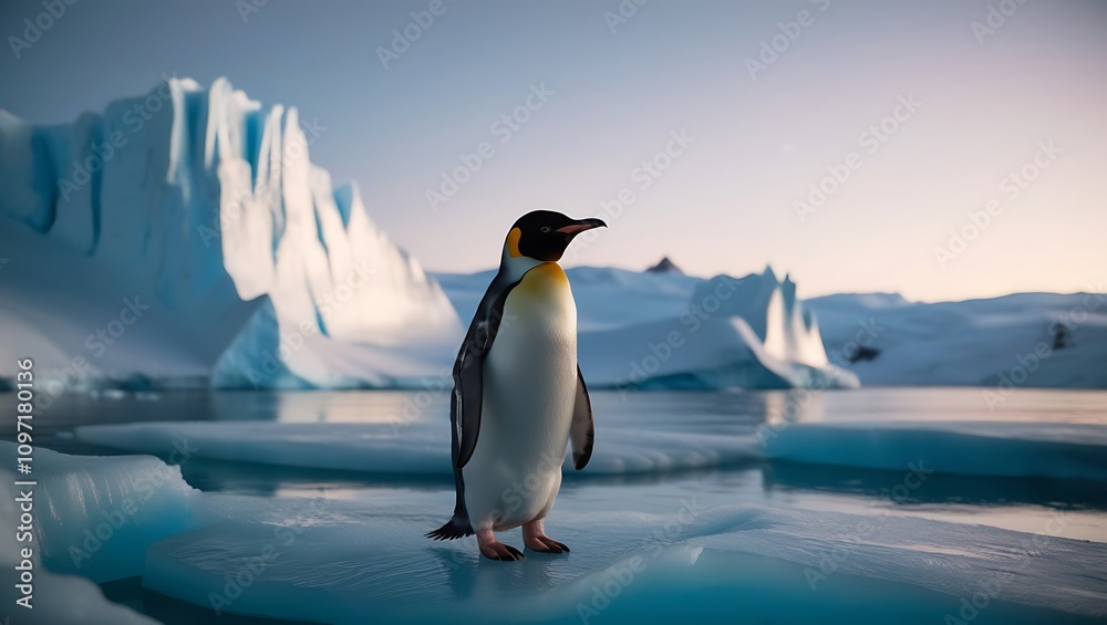 Fototapeta premium Solitary Penguin at Twilight: An Antarctic Wonderland, Generative AI