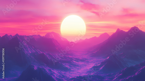 Retrofuturistic synthwave landscape neon grid horizon lowpoly mountains vibrant sunset digital art style. Neon Vaporwave Sunset. Illustration