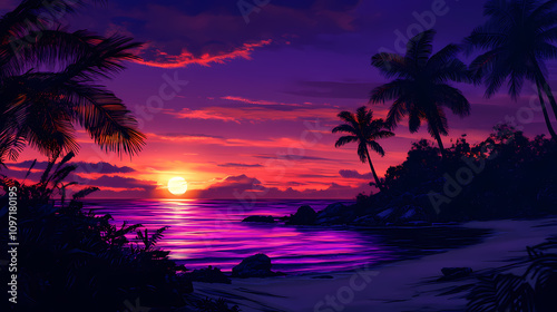Retro wave horizon landscape with neon lights, palm trees, and sunset at the beach, retro futurism, synthwave. Neon Vaporwave Sunset. Illustration