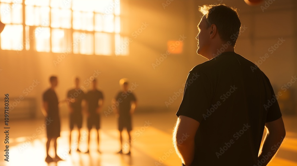Coach silhouette with team in golden gym lighting, horizontal banner for sports motivation, team building program, leadership training, coaching service, fitness center, athletic development marketing Coach silhouette with team in golden gym lighting, horizontal banner for sports motivation, team building program, leadership training, coaching service, fitness center, athletic development marketing
