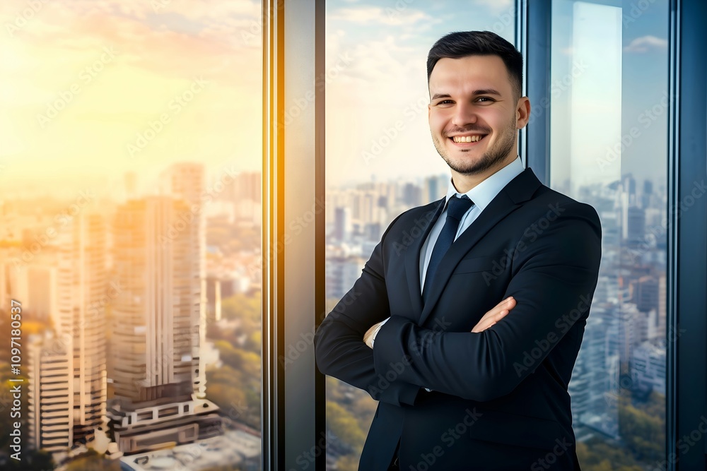Businessman in Suit Against City Skyline Background Businessman in Suit Against City Skyline Background