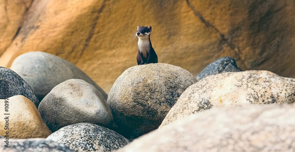 Naklejka premium Weasel Sitting on Rocks in Natural Habitat Surrounded by Stones