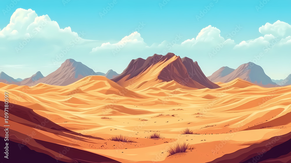 A vast and endless desert landscape with rolling sand dunes stretching as far as the eye can see. Endless Sand Horizon. Illustration A vast and endless desert landscape with rolling sand dunes stretching as far as the eye can see. Endless Sand Horizon. Illustration