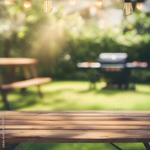 summer time in backyard garden with grill bbq wooden table blurred background
