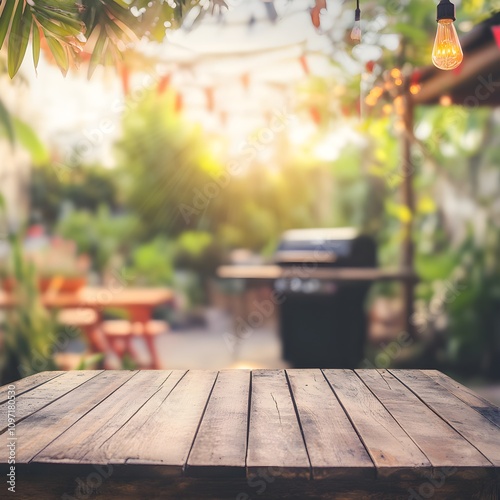 summer time in backyard garden with grill bbq wooden table blurred background