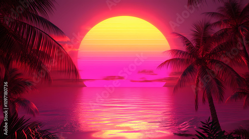 A retro miami-inspired background with a sunset gradient of pink, purple, and orange, palm tree silhouettes, and neon gridlines for a vaporwave aesthetic. Neon Vaporwave Sunset. Illustration