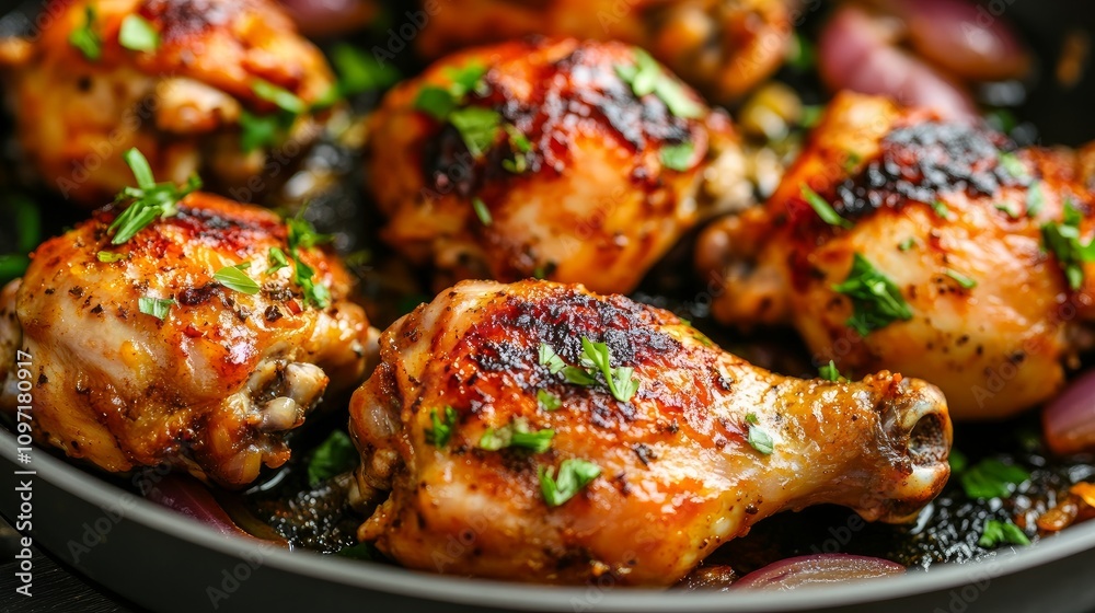 A close-up of handmade baked chicken with hot onion tomato sauce on top in a frying pan A close-up of handmade baked chicken with hot onion tomato sauce on top in a frying pan