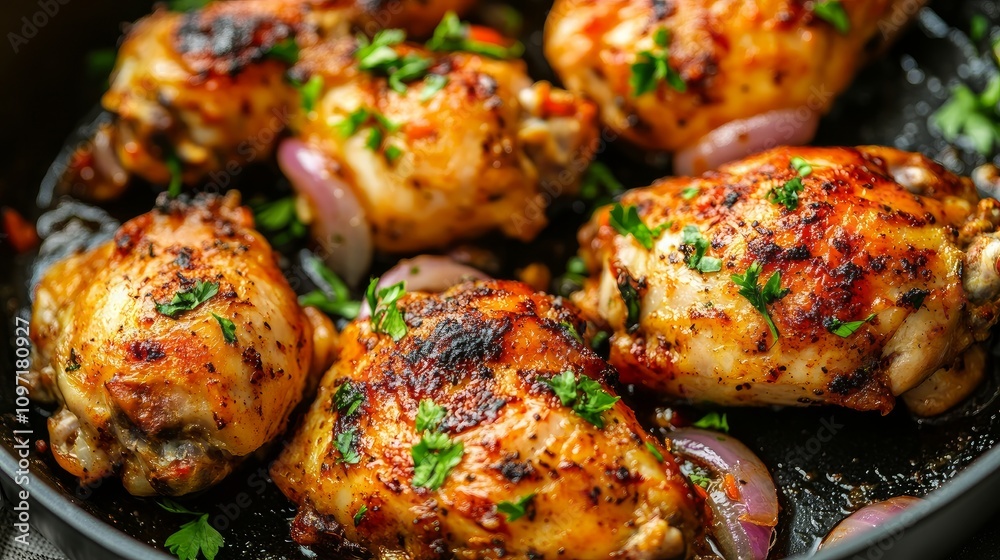 A close-up of handmade baked chicken with hot onion tomato sauce on top in a frying pan A close-up of handmade baked chicken with hot onion tomato sauce on top in a frying pan