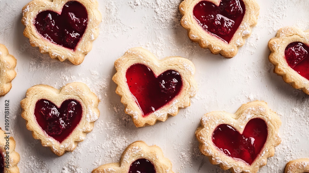 A flat layer of jam-and-jelly-filled Linzer cookies in the shape of hearts A flat layer of jam-and-jelly-filled Linzer cookies in the shape of hearts
