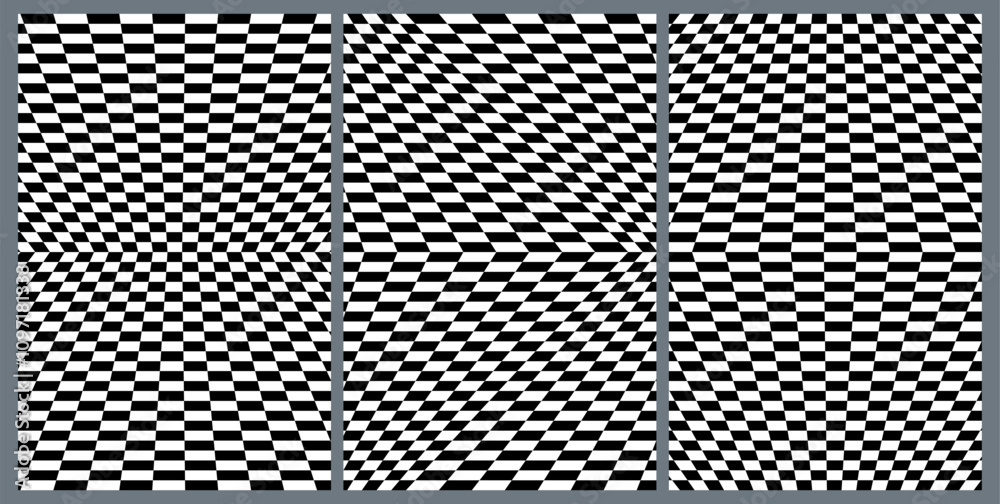 Set of Posters with Psychedelic Checkerboard Patterns. Abstract Black and White Geometric Texture. Vector Print with Optical Illusions